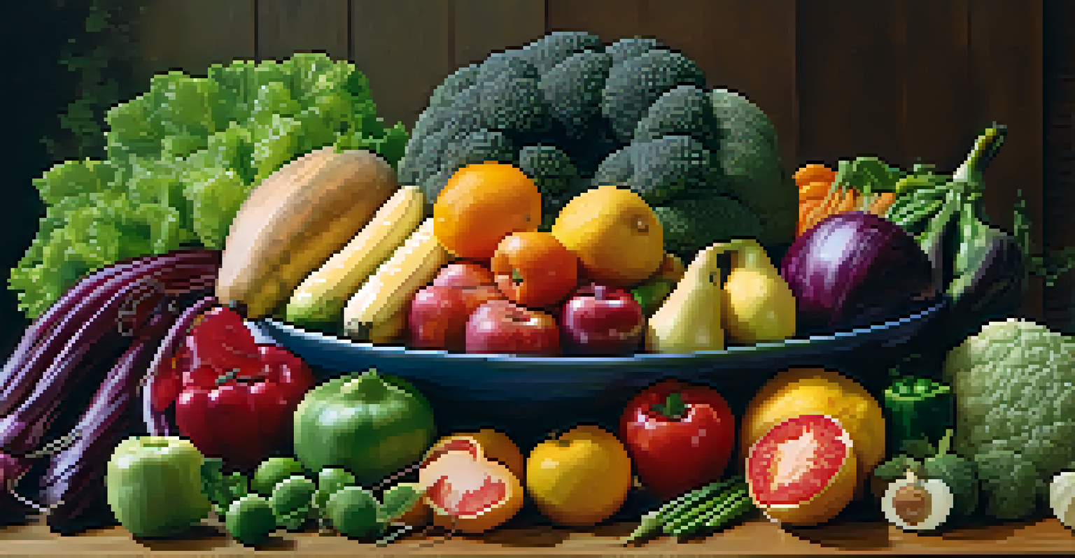 A vibrant arrangement of various fruits and vegetables on a wooden table, emphasizing variety and color.