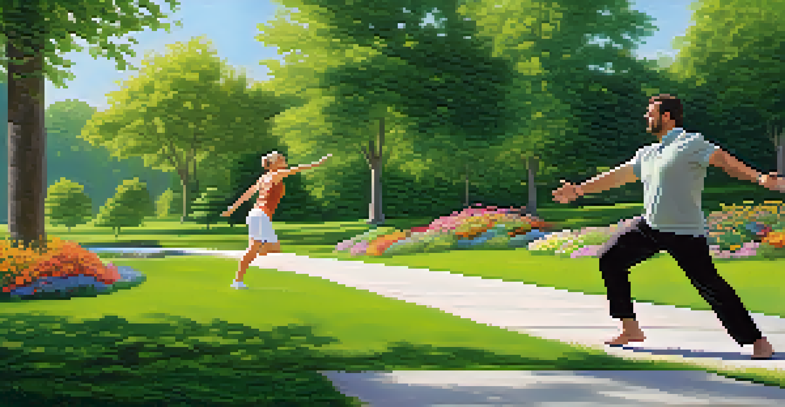 A wellness coach demonstrating a mindfulness exercise in a lush park with a client mirroring the action, surrounded by vibrant greenery and flowers.