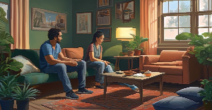 A crisis intervention worker listening empathetically to a distressed individual in a cozy, warmly lit room filled with cushions and plants.