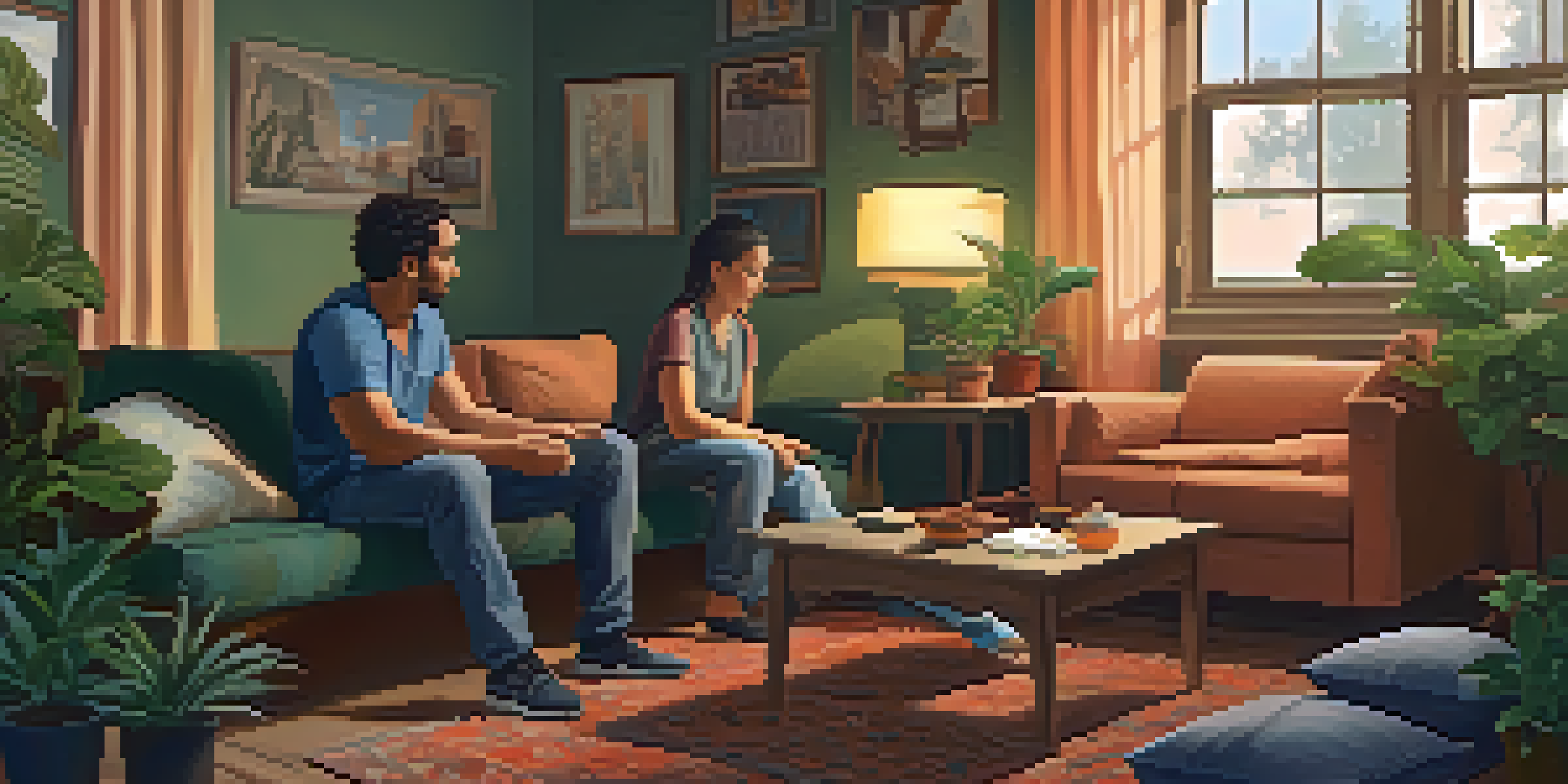 A crisis intervention worker listening empathetically to a distressed individual in a cozy, warmly lit room filled with cushions and plants.