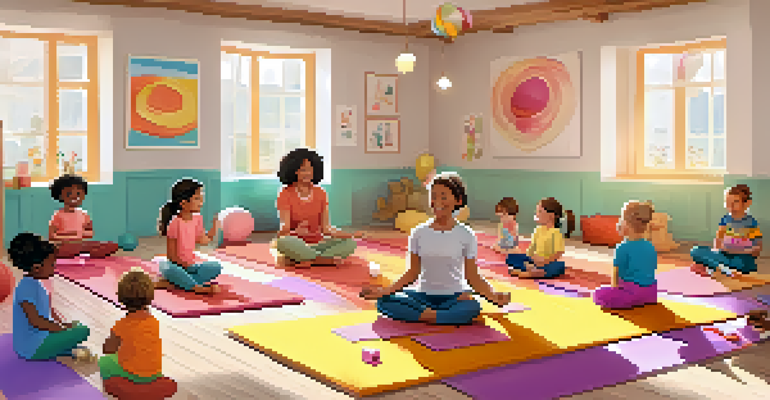 Kids participating in a fun yoga class led by an instructor in a bright studio, filled with laughter and colorful props.