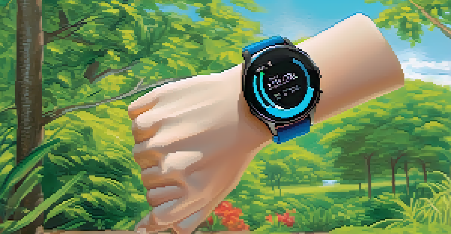 A close-up of a smartwatch on a person's wrist, showing health data while they jog outdoors.