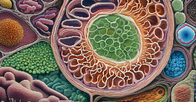An illustration showing a healthy gut ecosystem with diverse microorganisms in a cross-section of the intestinal wall, using bright colors and soft lighting.