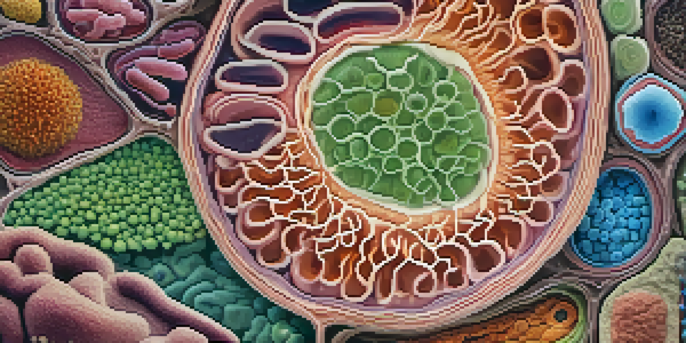 An illustration showing a healthy gut ecosystem with diverse microorganisms in a cross-section of the intestinal wall, using bright colors and soft lighting.