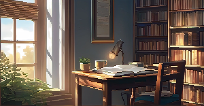 A cozy study room with books, a laptop, and a cup of tea, illuminated by soft warm lighting from a window.