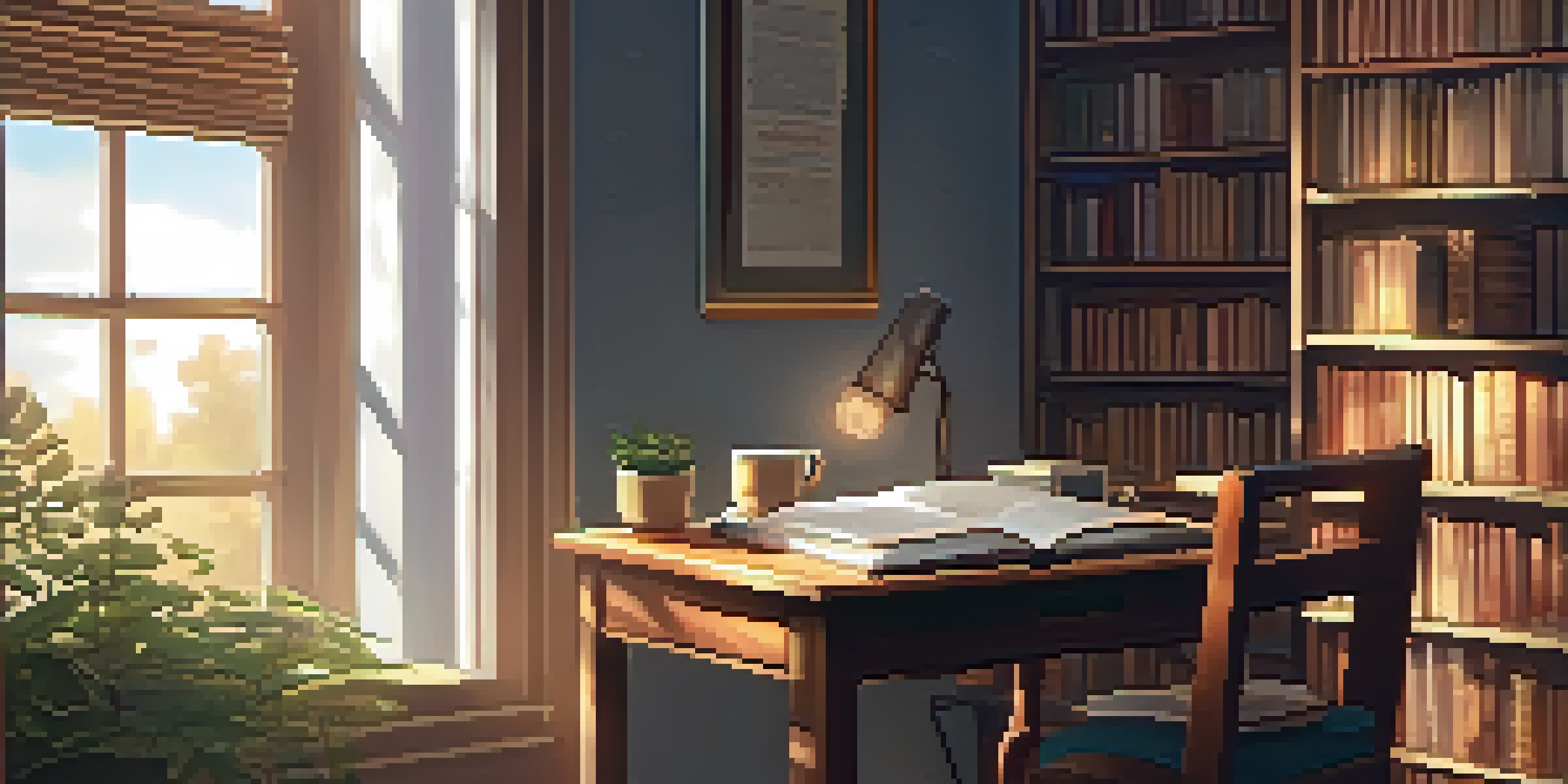 A cozy study room with books, a laptop, and a cup of tea, illuminated by soft warm lighting from a window.