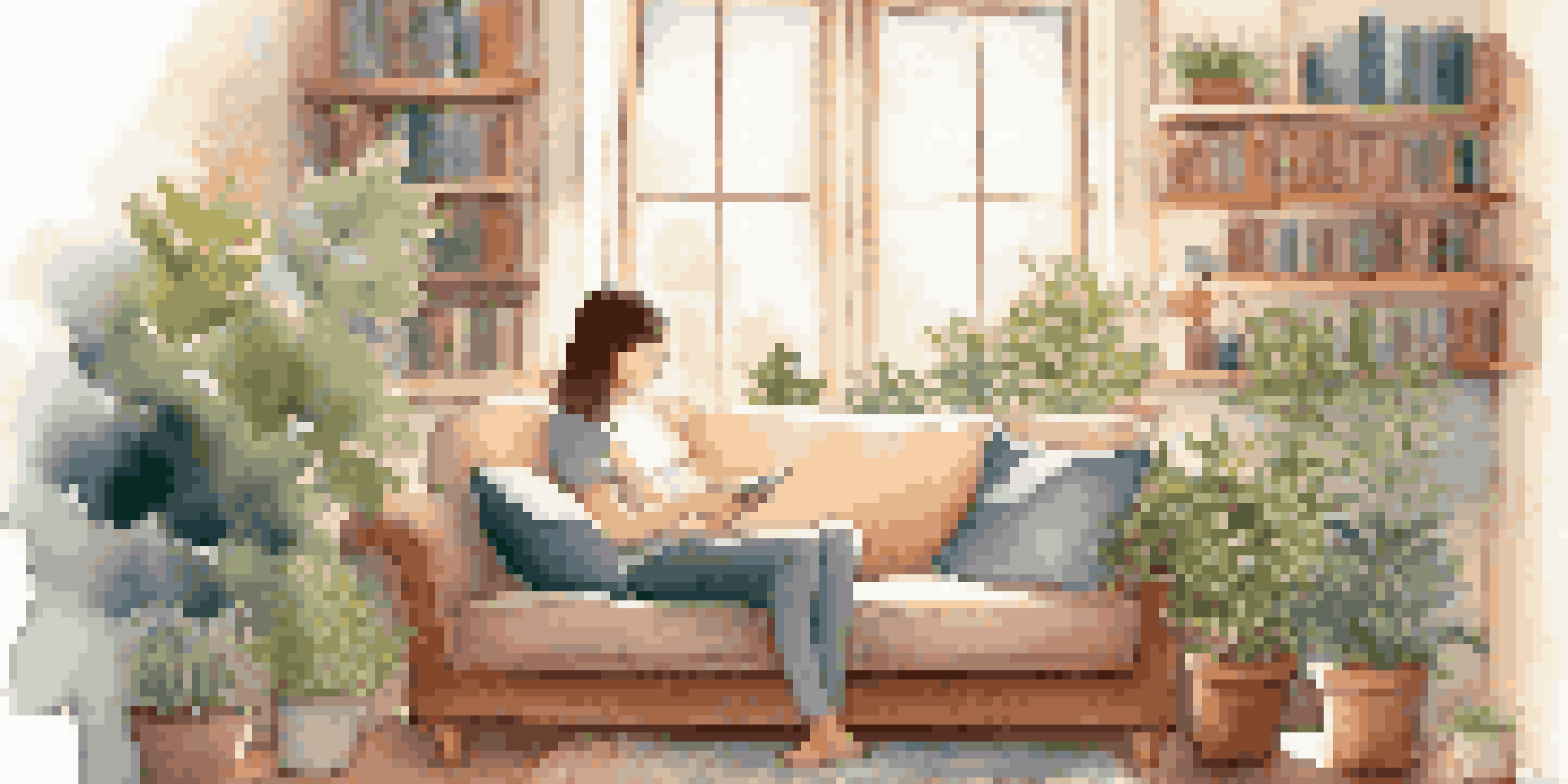 A person relaxing on a couch with a cup of tea, surrounded by plants and books, indicating a break from social media.