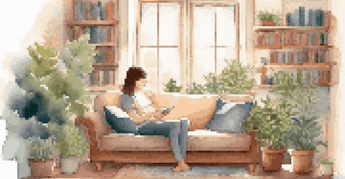 A person relaxing on a couch with a cup of tea, surrounded by plants and books, indicating a break from social media.