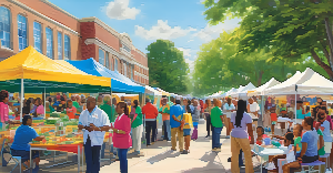 A lively community health fair with diverse individuals interacting with health resource booths under a sunny sky.