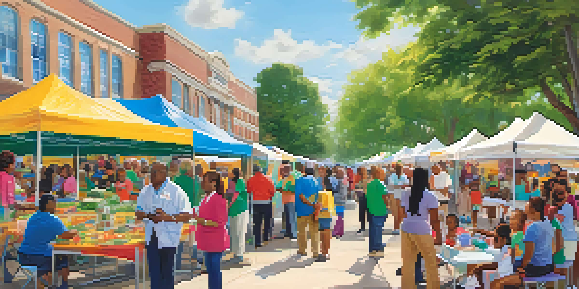 A lively community health fair with diverse individuals interacting with health resource booths under a sunny sky.