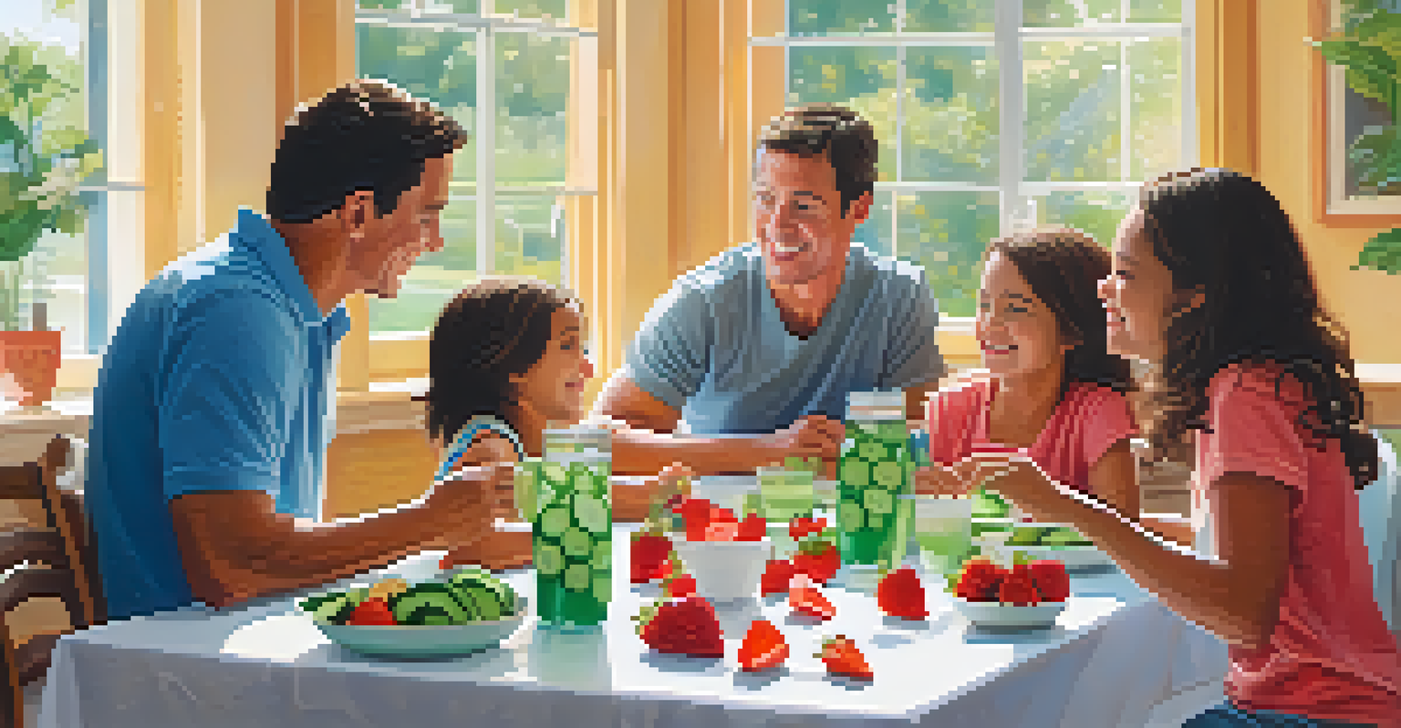 A family enjoying hydration at home with colorful cups and healthy snacks on the table.