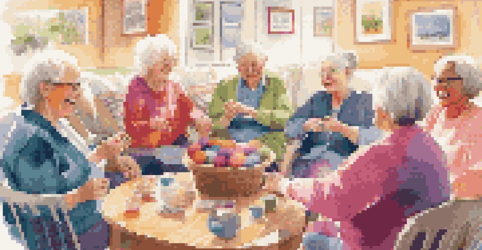 A group of older adults happily knitting together in a cozy community center, surrounded by colorful yarn and cheerful expressions.