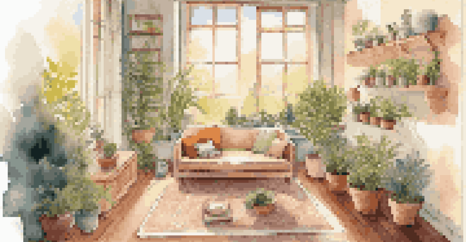 A cozy living room with a person meditating on a rug in front of a window, surrounded by plants and calming decor.