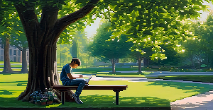 A person on a park bench writing in a notebook surrounded by greenery and flowers, reflecting on their goals.