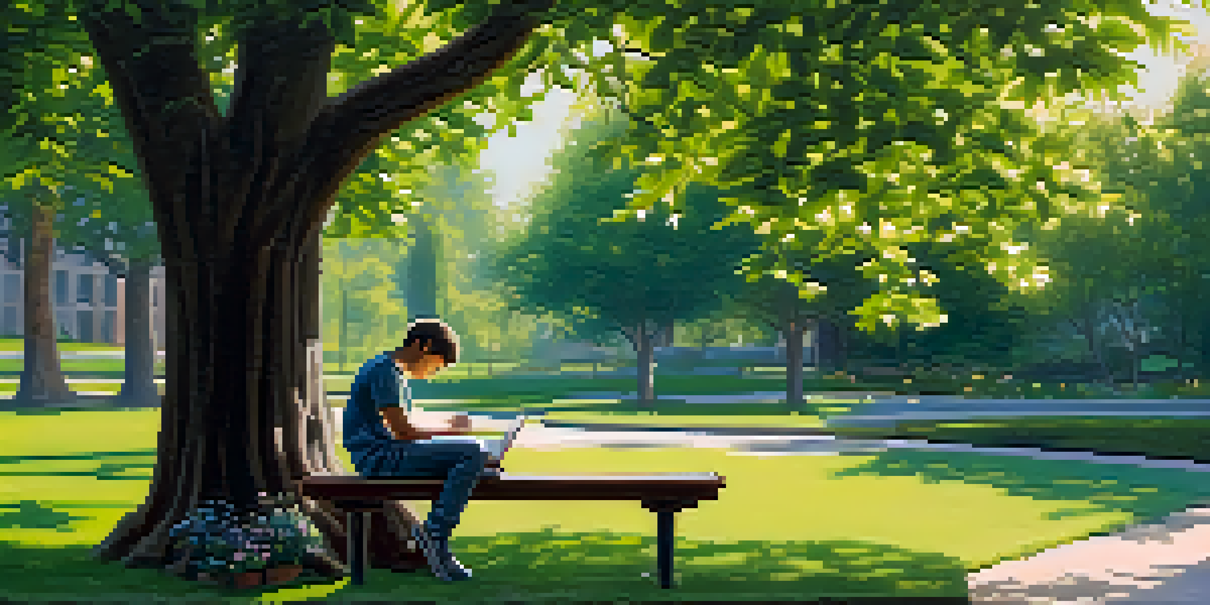 A person on a park bench writing in a notebook surrounded by greenery and flowers, reflecting on their goals.