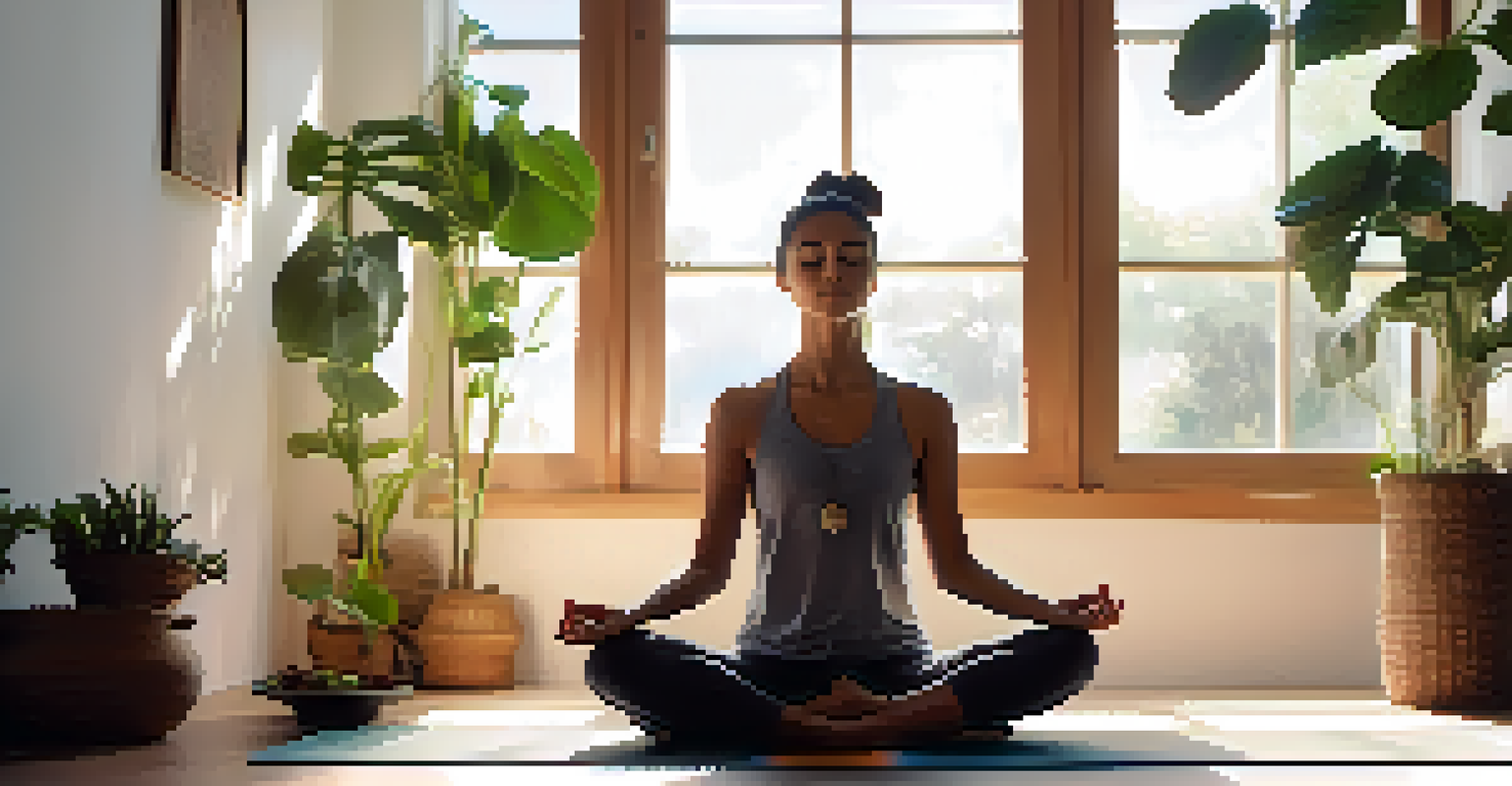 A person meditating peacefully on a yoga mat, surrounded by soft sunlight and calming decor, illustrating mindfulness practice.