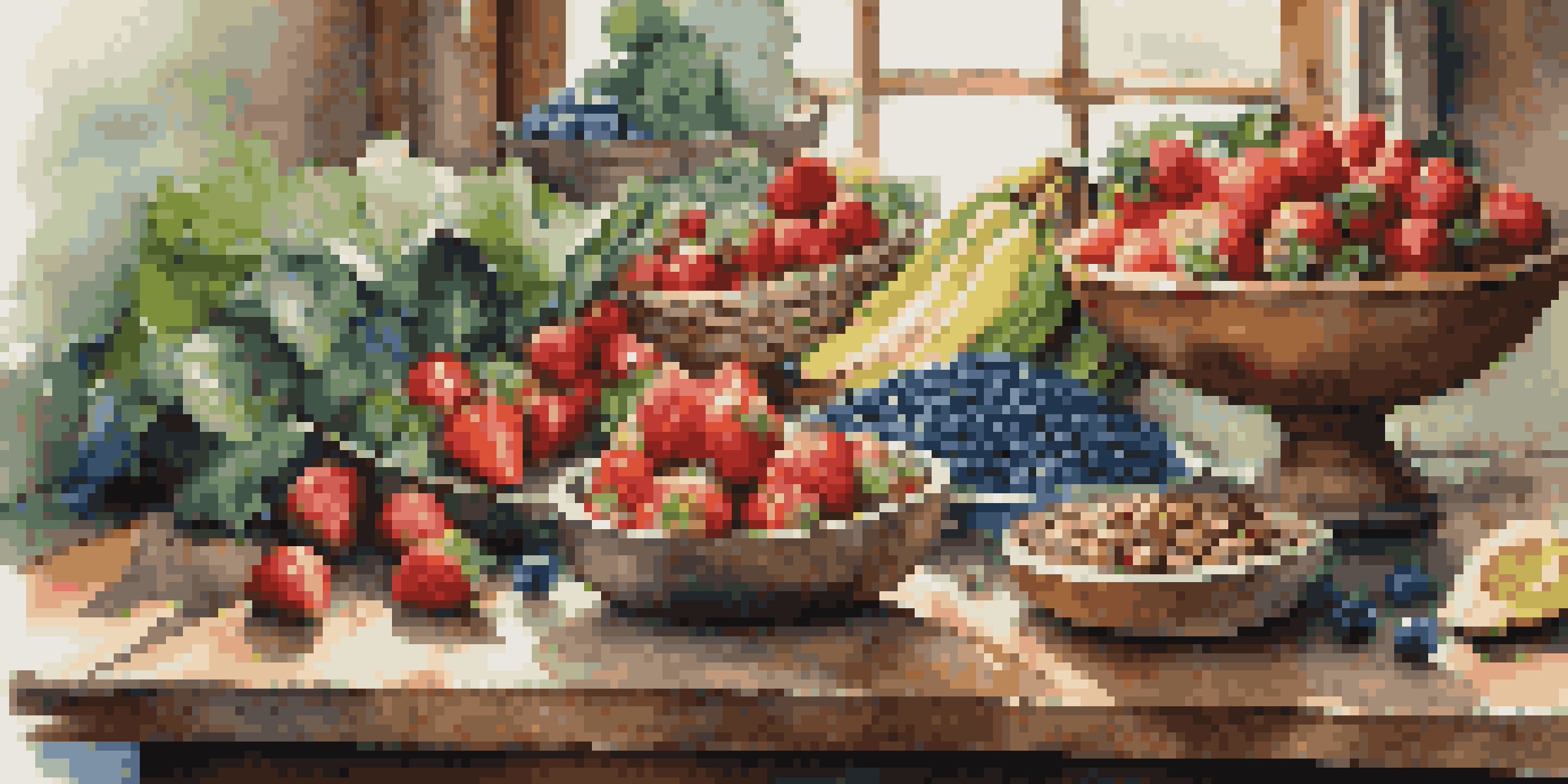 A colorful array of whole foods including fruits, vegetables, whole grains, and healthy fats displayed on a wooden table with natural lighting.