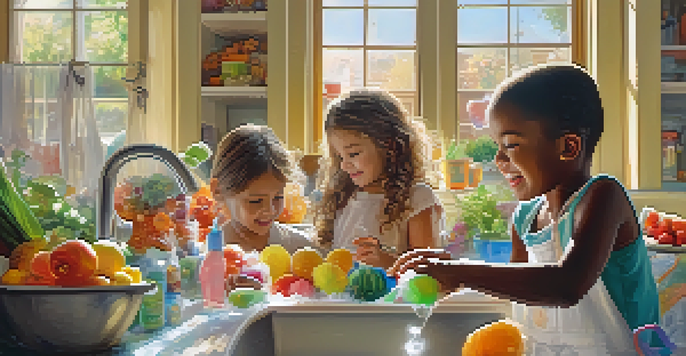 Children happily washing their hands at a kitchen sink with colorful soap bubbles and a bright kitchen background.