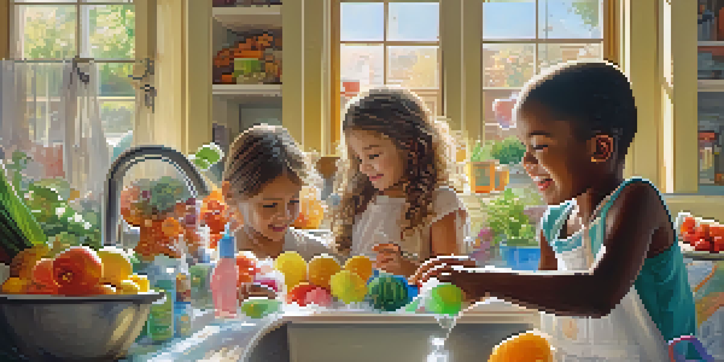 Children happily washing their hands at a kitchen sink with colorful soap bubbles and a bright kitchen background.