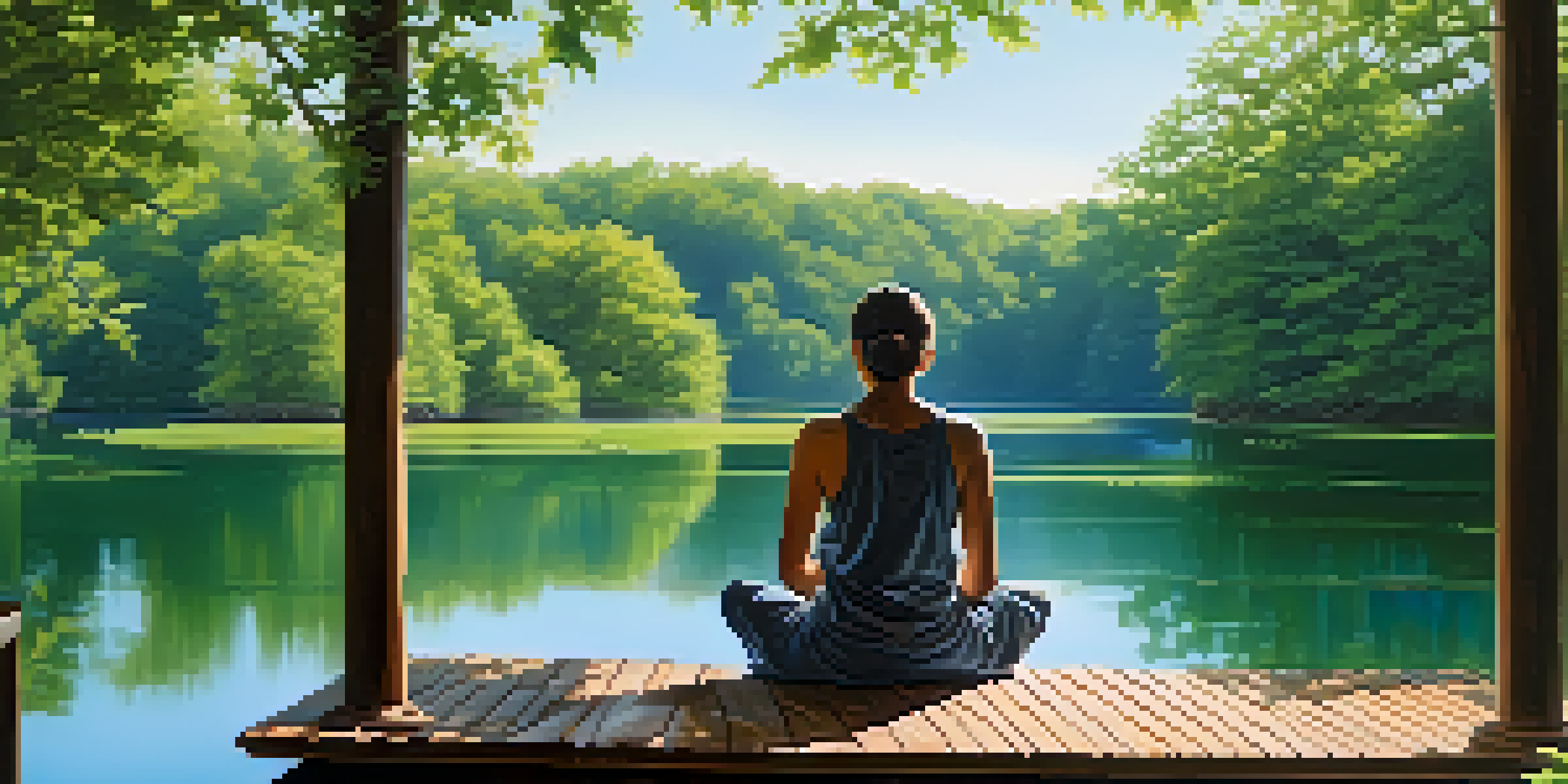 A person meditating on a dock by a calm lake, surrounded by trees and sunlight.