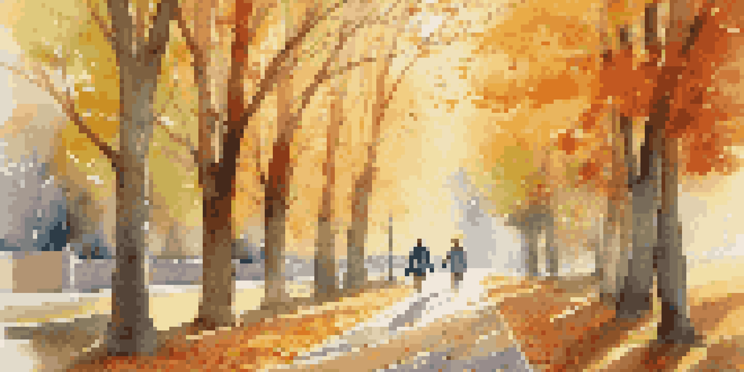 A couple walking hand-in-hand in a park during autumn, surrounded by colorful fallen leaves and dappled sunlight.