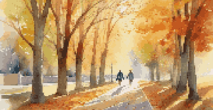 A couple walking hand-in-hand in a park during autumn, surrounded by colorful fallen leaves and dappled sunlight.