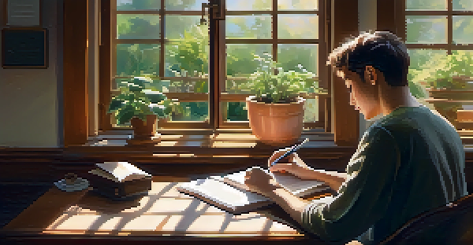 A person writing in a gratitude journal at a wooden desk, with sunlight streaming through a window and a small plant beside them.