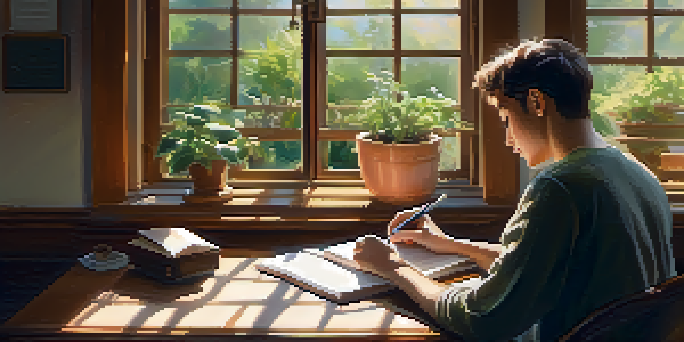 A person writing in a gratitude journal at a wooden desk, with sunlight streaming through a window and a small plant beside them.