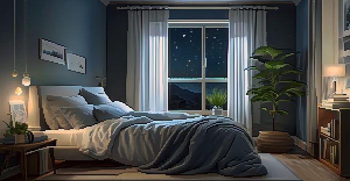 A serene bedroom with a comfortable bed, warm lighting, and a calming atmosphere, featuring plants and a bookshelf.