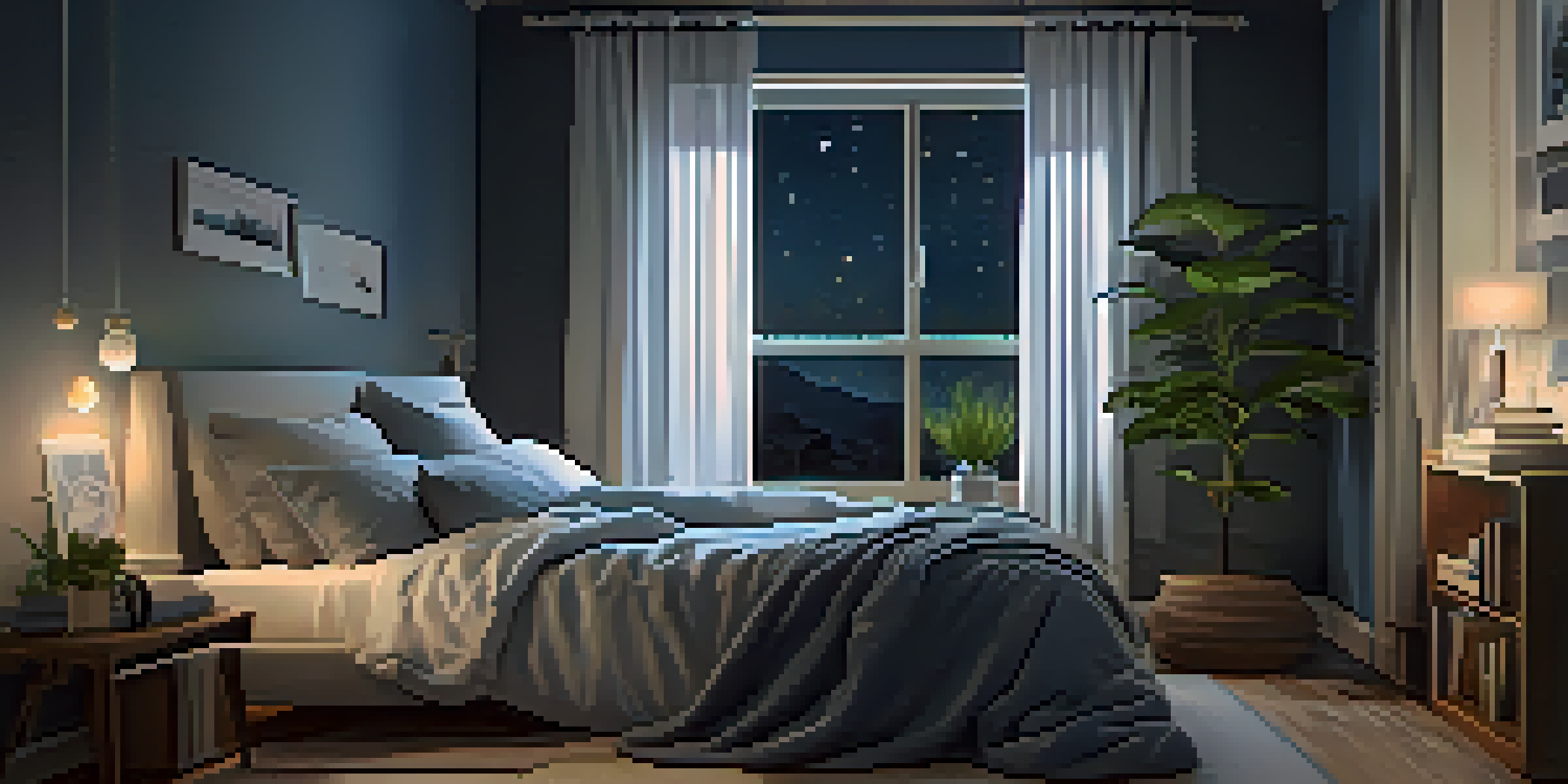 A serene bedroom with a comfortable bed, warm lighting, and a calming atmosphere, featuring plants and a bookshelf.