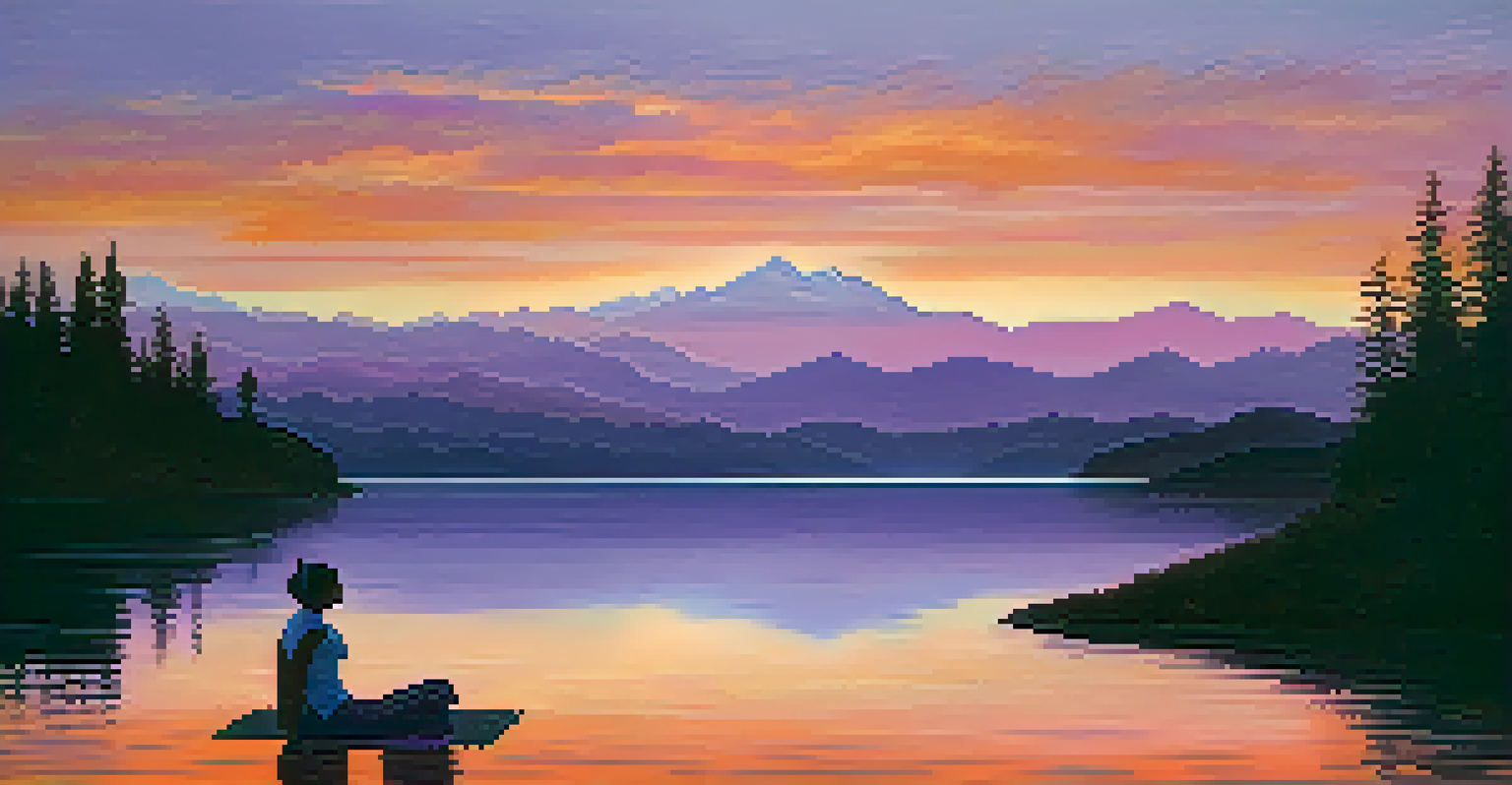 A person doing yoga at the edge of a lake during a sunset, with colorful skies reflecting on the water.