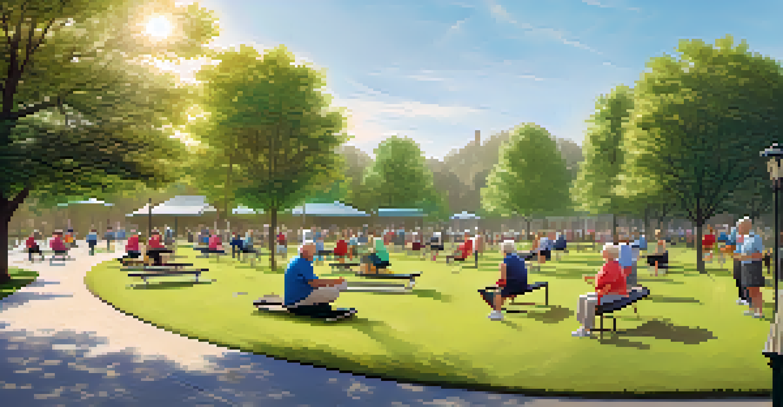 A panoramic view of seniors engaged in a circuit training class in a park, utilizing fitness stations under the sunlight.