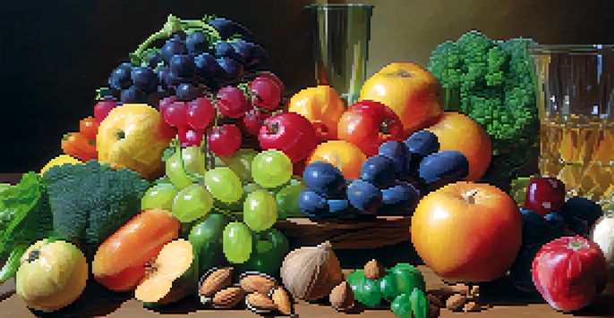 A colorful arrangement of fruits and vegetables on a wooden table, with a glass of water and a bowl of nuts in the background.