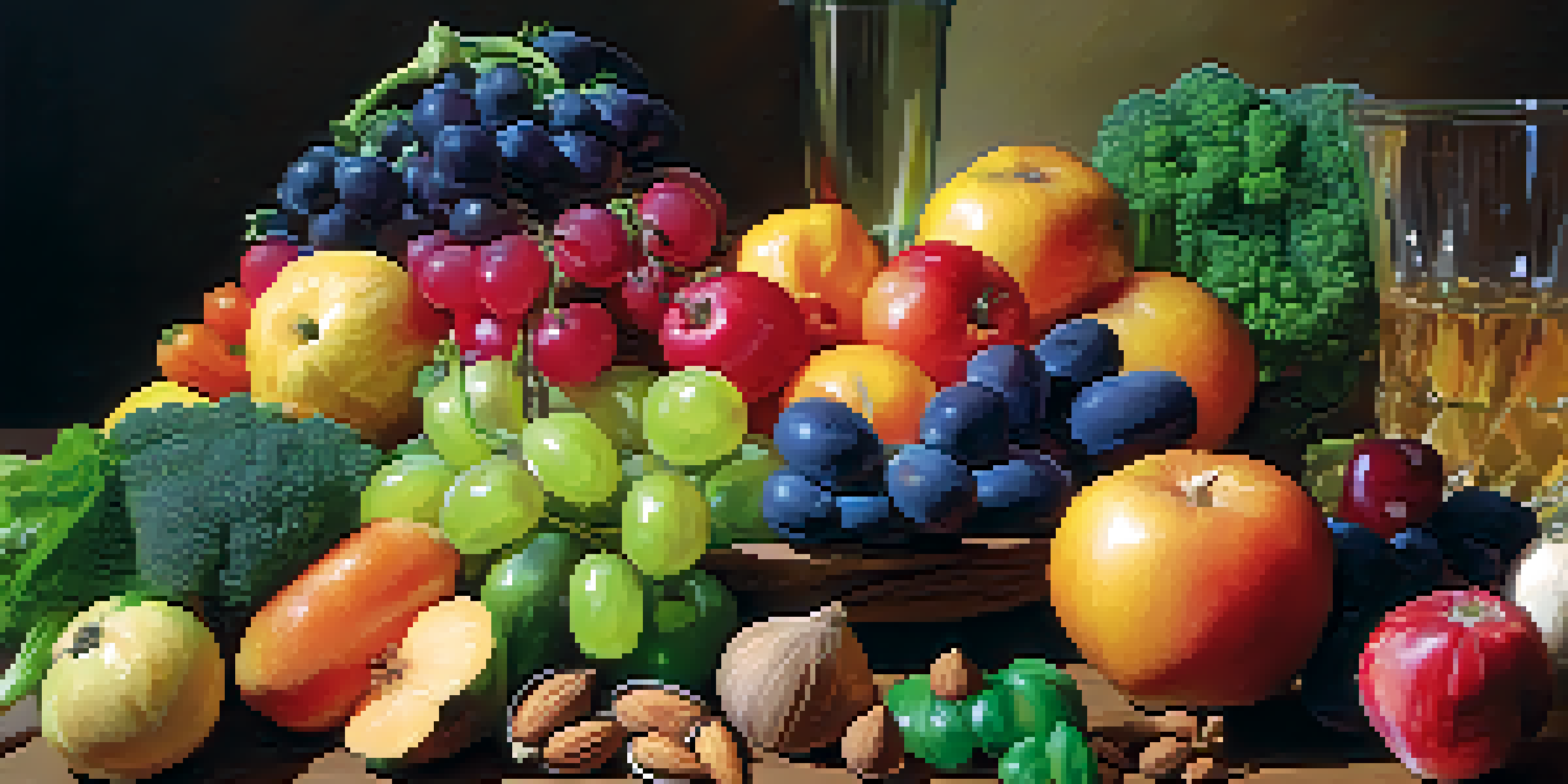 A colorful arrangement of fruits and vegetables on a wooden table, with a glass of water and a bowl of nuts in the background.