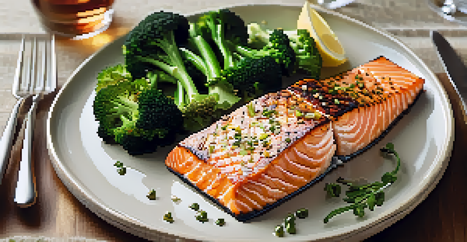 A healthy dinner plate with grilled salmon, broccoli, and quinoa, set in a warmly lit dining room.