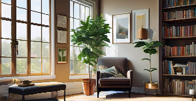 A cozy living room with natural light, an armchair, a coffee table with tea, and a bookshelf.