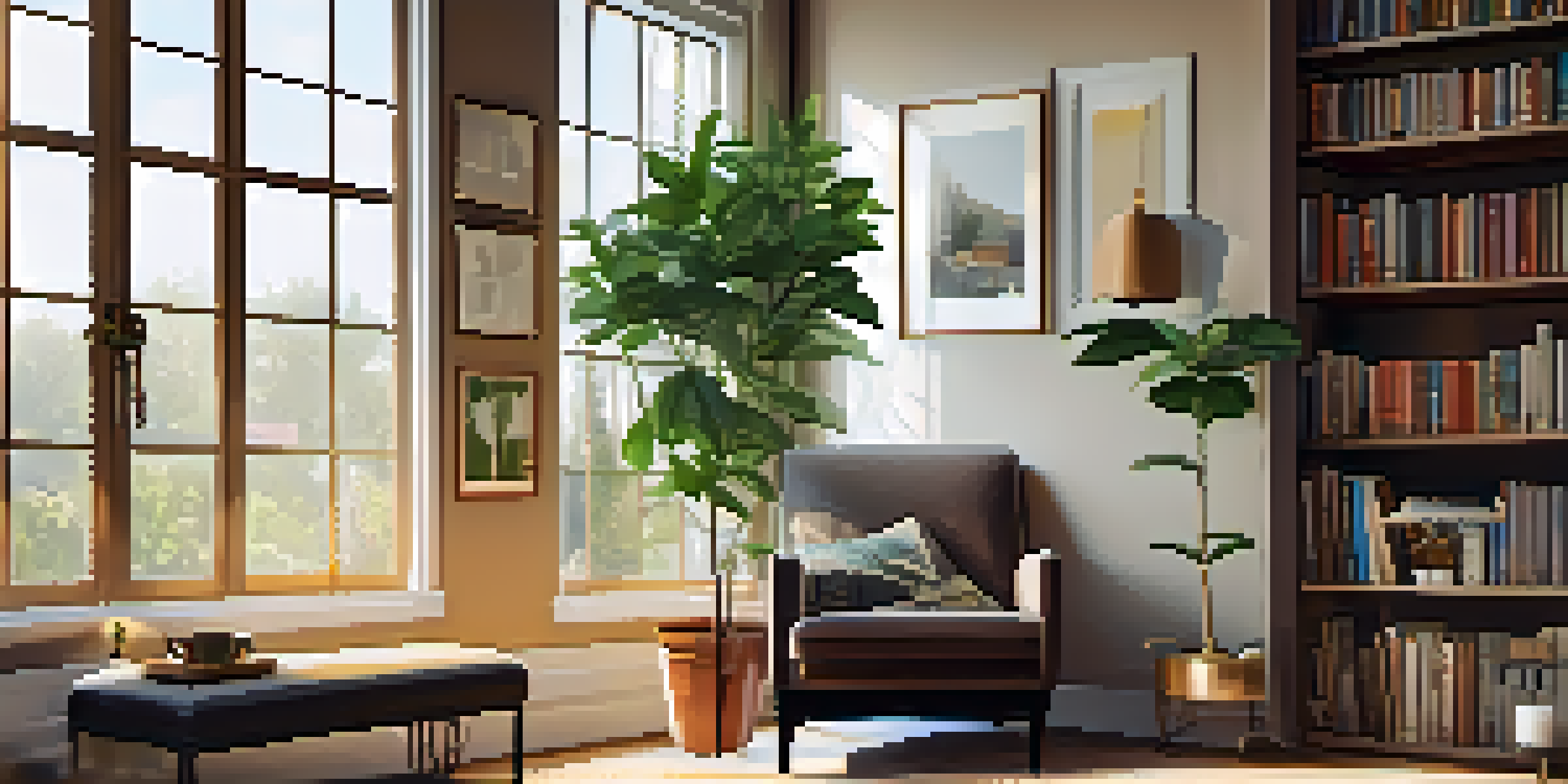 A cozy living room with natural light, an armchair, a coffee table with tea, and a bookshelf.