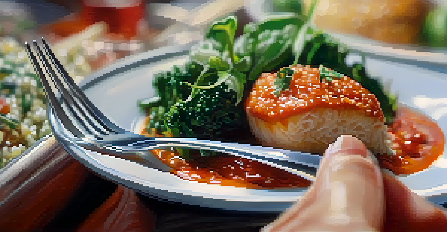 A close-up view of a hand holding a fork with a colorful bite of food, emphasizing the textures and vibrant colors.