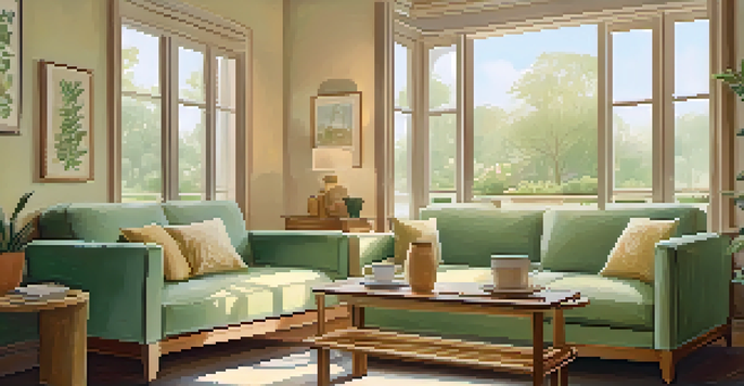 A cozy counseling room with a comfortable sofa, warm colors, and natural light coming through a window.