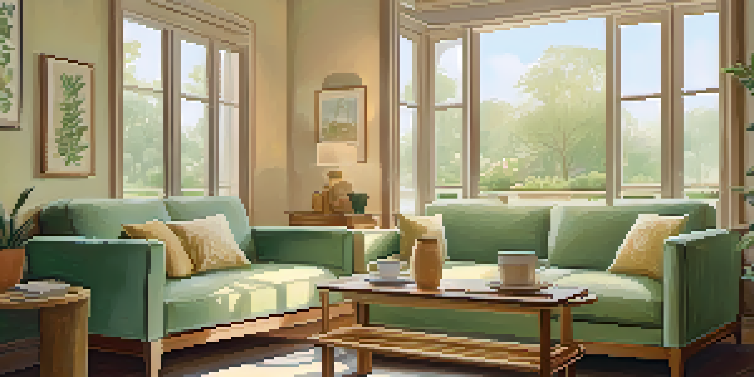 A cozy counseling room with a comfortable sofa, warm colors, and natural light coming through a window.