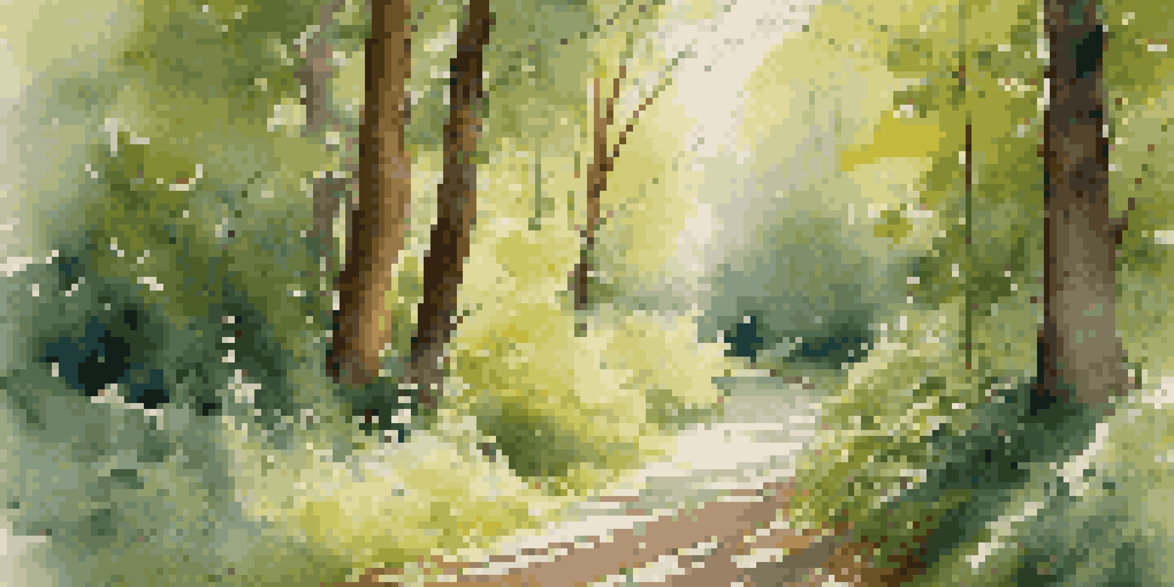 A peaceful forest path surrounded by tall trees and wildflowers, with sunlight streaming through the leaves.