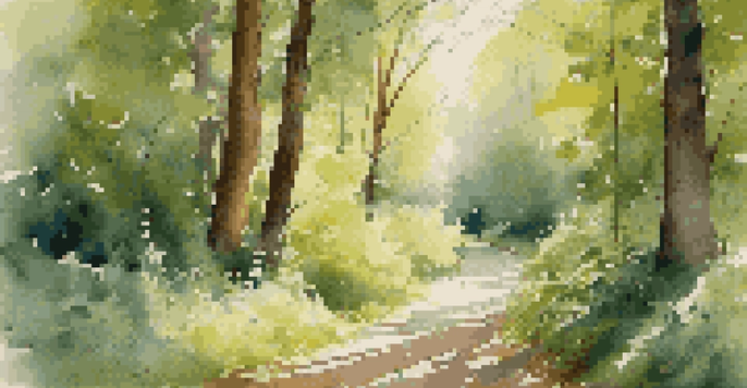 A peaceful forest path surrounded by tall trees and wildflowers, with sunlight streaming through the leaves.