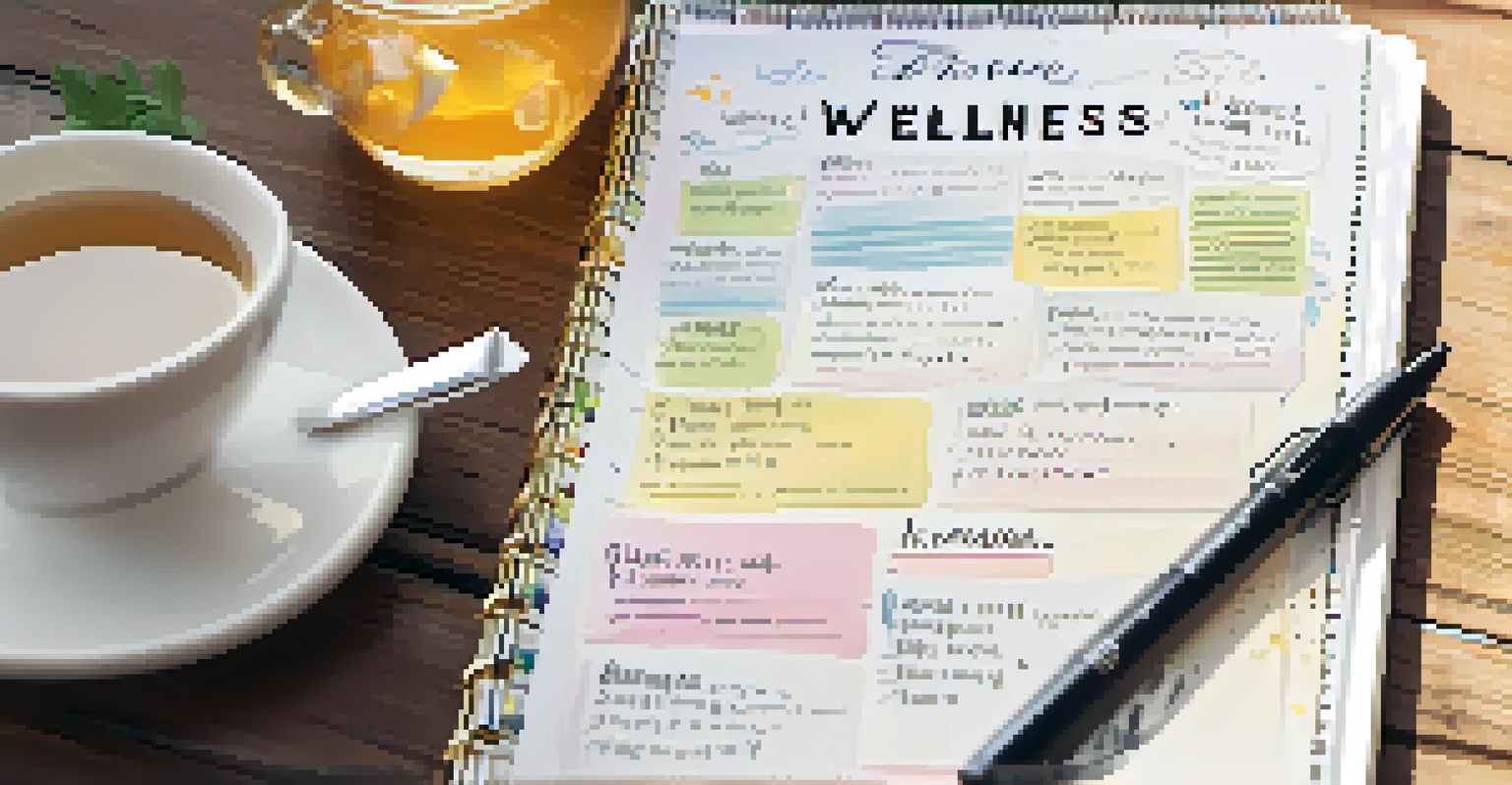 A wellness planner showcasing SMART goals, surrounded by motivational quotes and a cup of tea on a wooden desk.