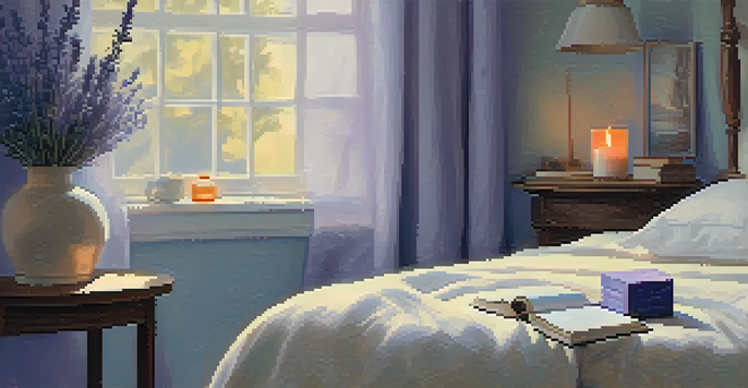 A serene bedroom with a diffuser, lavender essential oil, and a cozy atmosphere for relaxation.