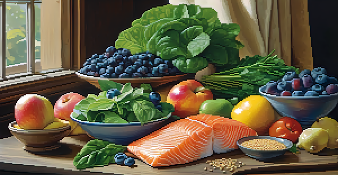 A colorful balanced meal with fruits, vegetables, whole grains, and lean proteins on a wooden table, illuminated by natural sunlight.