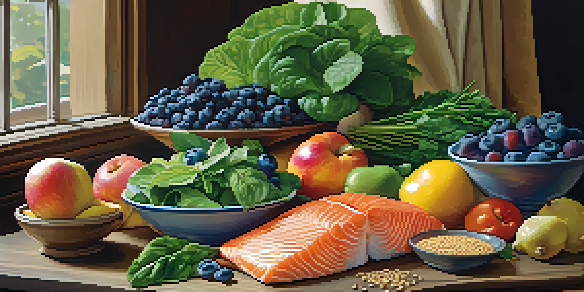 A colorful balanced meal with fruits, vegetables, whole grains, and lean proteins on a wooden table, illuminated by natural sunlight.
