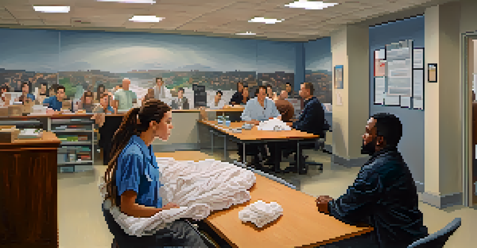 A crisis intervention scene depicting a professional listening intently to a distressed individual in a softly lit environment.