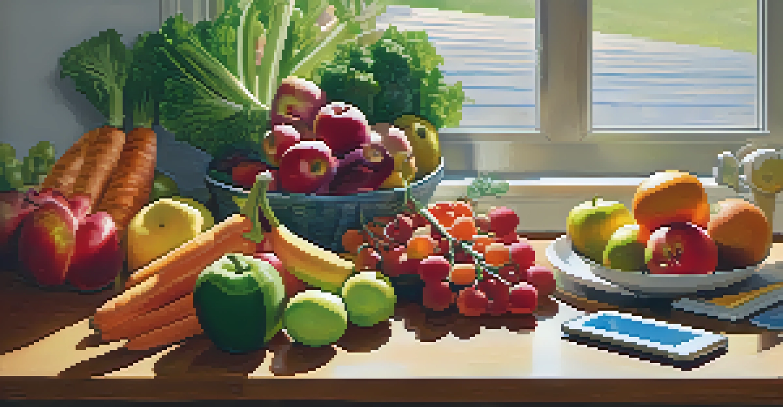 A kitchen countertop filled with fresh fruits and vegetables, complemented by a workout planner, bathed in warm sunlight.