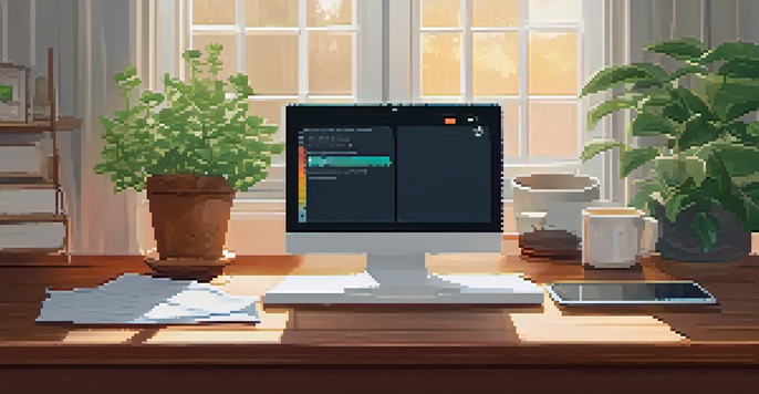 A cozy home office with a wooden desk, a laptop showing a mental health app, a potted plant, and a cup of tea in a softly lit room.