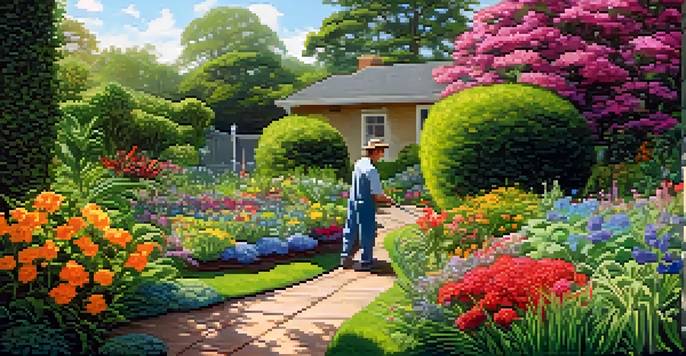 A peaceful garden with colorful flowers and a gardener tending to the plants, illustrating the concept of cognitive restructuring.